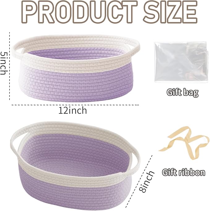 JMvicyroam Small Woven Basket, Empty Gift Basket, White&Purple/1 Pack | Small Gift Basket, Cotton Rope, 12 x 8 x 54 in, Handles, Includes Ribbon and Bag, Birthday Gift Basket - Image 2