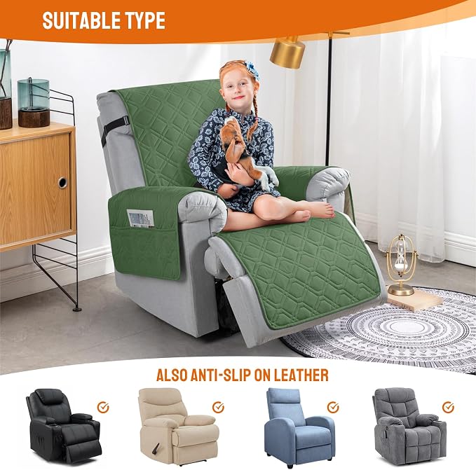 VANSOFY 100% Waterproof Recliner Chair Covers Washable, Vine Green, 25" | Non-Slip, Slipcover with Pocket, Furniture Protector, Elastic Straps, Chair Cover for Pets, Dogs - Image 4