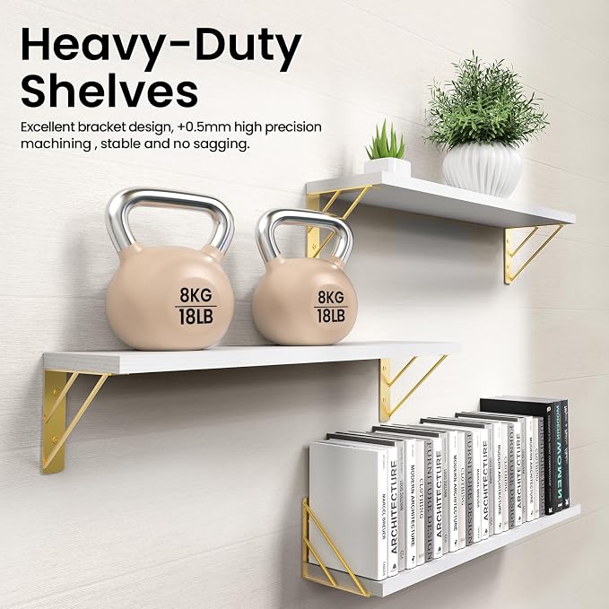 BAYKA Wall Shelves for Bedroom Decor, Floating Shelves for Living Room Kitchen Storage, Wall Mounted Rustic Wood Shelves for Kids Books,Corner Shelves for Bathroom(White and Gold，23in，Set of 3) - Image 6