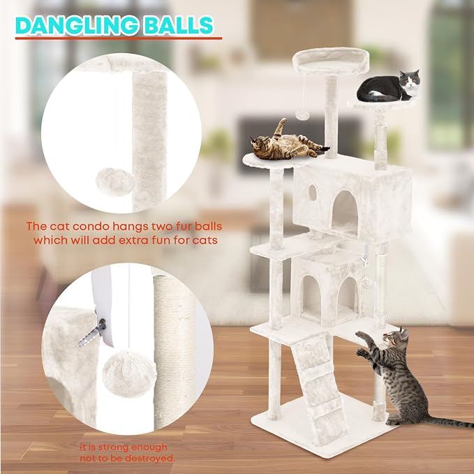 FDW | 70" Cat Tree Tower | Beige | Multi-Level Indoor Activity Center with Sisal Scratching Posts, Condos, Plush Perches, Hanging Cat Toys | Sturdy, Easy to Assemble | for Kittens & Adult Cats - Image 3