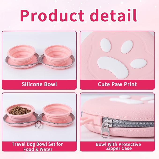 Dog Bowl for Travel, Collapsible Silicone Dog Dual Bowls with Dustproof Zip Case and Pet Paw Pattern 180 Degrees Flip Over Compact Foldable Feeder for Camping Hiking Trips - Image 3