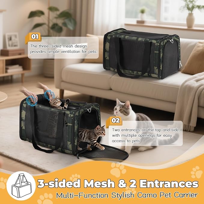 YUDODO 25lbs Cat Carrier Lightproof Soft Sided Pet Carrier for Large Cat | Airline Approved, Lightproof Breathable Design, Side Pockets, Durable Mesh, Foldable and Portable, Black Camouflage - Image 2