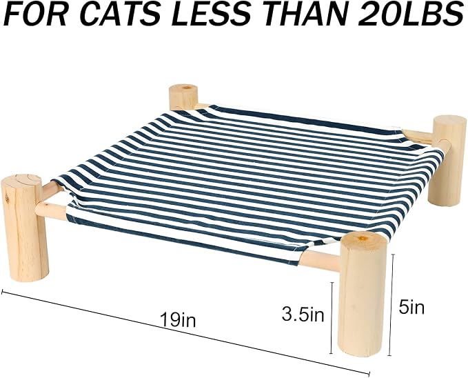 Patas Lague Cat Hammock Bed Small Eleveted Dog Bed 19x19 in Blue Stripe | Brethable Wooden Pet Bed, Cooling Rabbit Cot, Outdoor Cat Furniture For Summer - Image 5