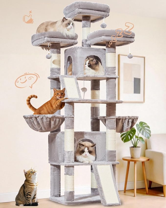 Taoqimiao Cat Tree for Large Cats, 76.8 Inches XL Cat Tower for Indoor Cats | 2 Scratch Boards, 3 Top Perches, 9 Scratching Posts, Multi-Level Cat Tree with 2 Condos, 2 Cozy Basket, Light Gray, T20W by Taoqimiao