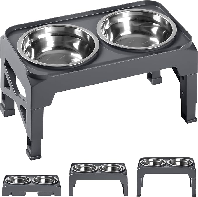 Hubulk Elevated Dog Bowls with 2 Stainless Steel Dog Food & Water Raised Bowls with No Spill Edge Non-Slip Stand Adjusts to 3 Heights(2.75", 6.0", 7.5") for Small Medium Dogs and Pet by Hubulk