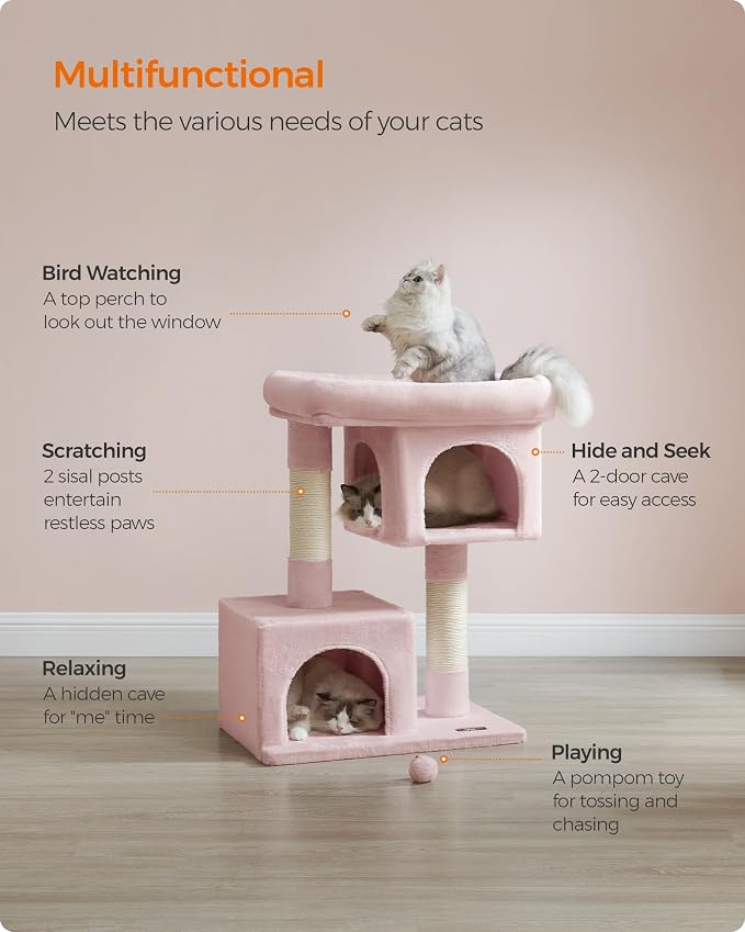 Feandrea Cat Tree, 33.1-Inch Cat Tower, Plush Condo for Large Cats up to 16 lb, Large Perch, 2 Caves, Scratching Post, Jelly Pink UPCT061P01 - Image 4