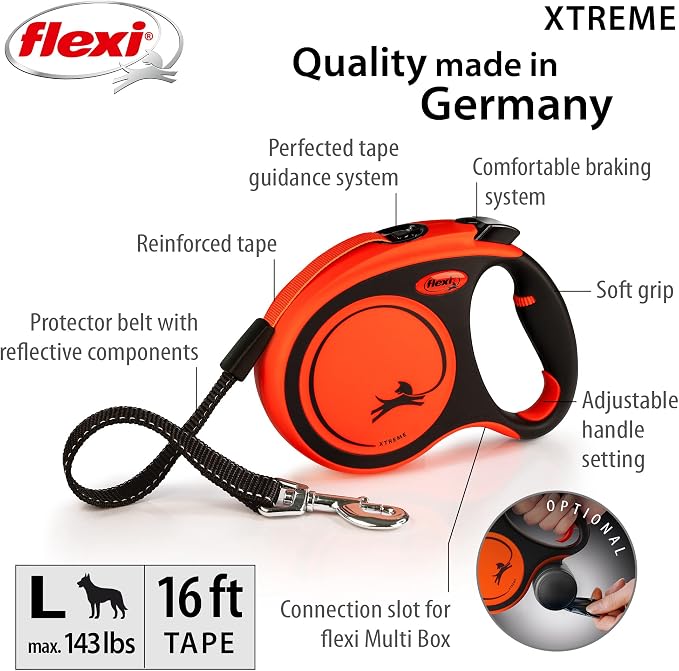 FLEXI® Xtreme Tape Retractable Dog Leash, Large, 16 ft - Orange/Black | German engineered, original flexi leash, durable quality for dogs up to 143 lbs, tangle-free, walking, reliable brake system - Image 2