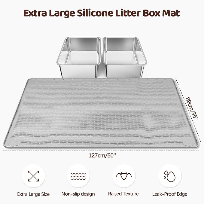 Silicone Cat Litter Mat for Litter Box 50”x35” Large Cat Mat, Light Grey | Waterproof, Non-Slip, Leak-Proof Rug Mat with Lip, Easy to Clean, Extra Large Litter Catcher Mat for Floor - Image 2