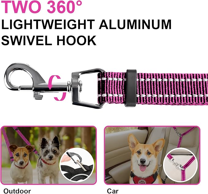 MingXpet Double Dog Leash for Two Dogs, No Pull Dog Leash, 360° Swivel No Tangle for Small Dogs Walking & Training, Shock Absorbing Reflective Bungee, Rose - Image 3