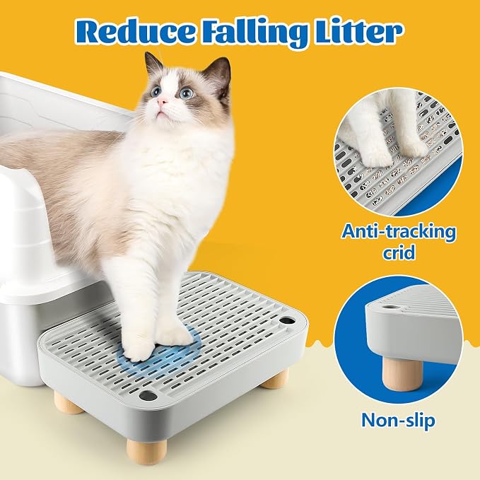 Litter Box Step, Cat Litter Ramp Catcher with Wooden Base, Grey | Cat Step with Filter Function, Anti-Tracking Litter Box Step Stool, Ideal for Kitten & Elderly Cats, Easy to Clean - Image 3