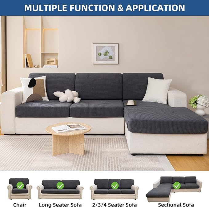 Eismodra Couch Cushion Covers Magic Stretch Sofa Slipcover for 3 Cushion Couch Dogs Pet L Shape 2 Seat Replacement Furniture Protector,Dark Gray Length 37-53 inches(Only 1 Piece) - Image 2
