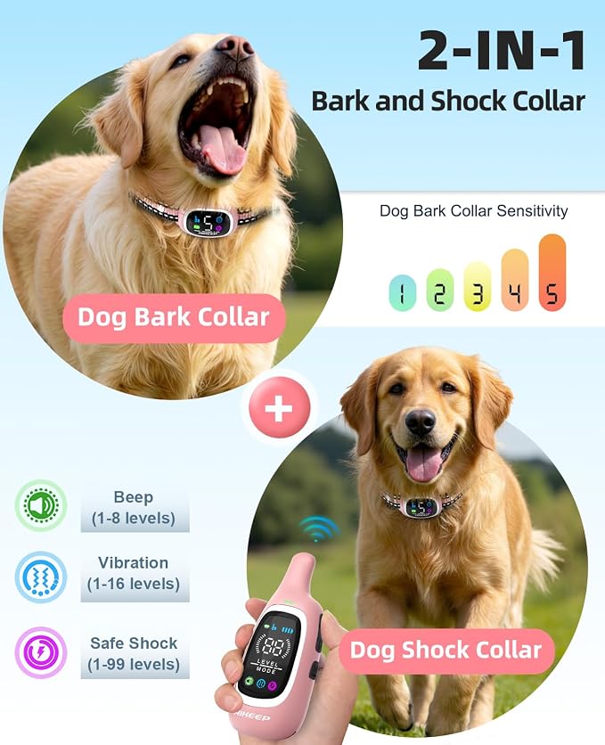 2-in-1 Dog Shock Collar and Bark Collar for Dogs – 3300FT Dog Training Collar with Remote, IP67 Waterproof e Collar with Anti-Bark/Beep/Vibration/Shock Modes for Small Medium Large Dog(8-120Lbs) - Image 2