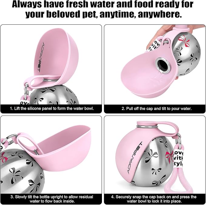 Portable Dog Water Bottle 10oz Stainless Steel Travel Dog Water Dispenser with Bowl No-Spill Puppy Water Bottle for Walking Hiking Small Dog Water Bottle (Pink Bow Print) - Image 3