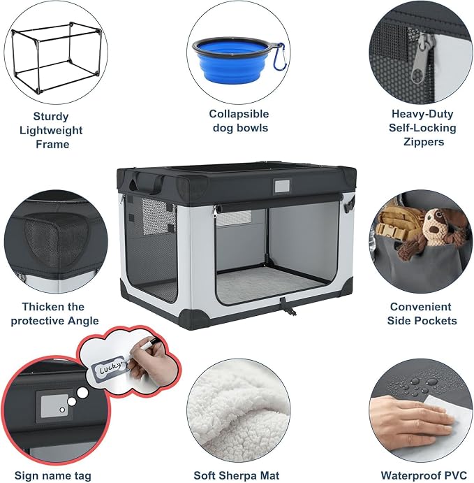 42 Inch Foldable Dog Travel Crate Black&White for Home and Car Use | Waterproof and Easy to Clean，Home & Car Use，Soft Blanket and Foldable Bowl,Storage Bag,Signature Card,Portable for Camping - Image 4