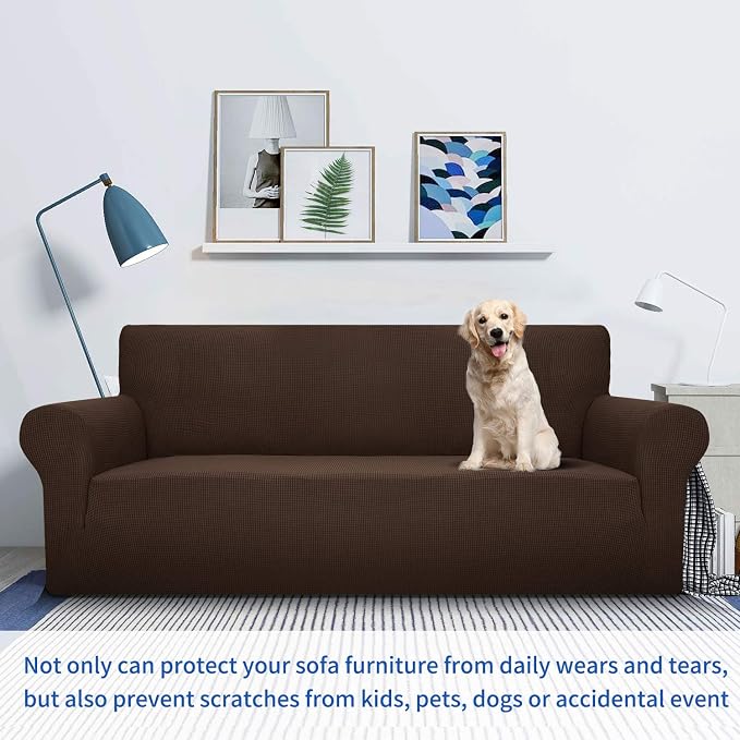MAXIJIN Super Stretch Couch Cover for 3 Cushion Couch, 1-Piece Universal Sofa Covers Living Room Jacquard Spandex Furniture Protector Dogs Pet Friendly Fitted (Extra Large, Coffee) - Image 2