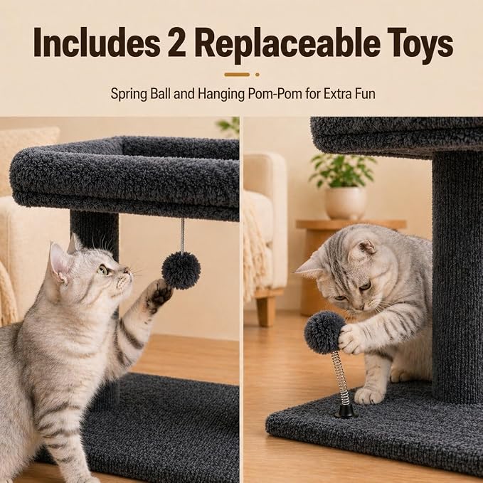 Small Cat Tree with Large Top Perch for Indoor Cats, Grey | Carpeted Scratching Post | Soft Plush Bed | Furniture Protecter | Small Cat Tower | Replacement Toy Balls | Space-Saving - Image 6