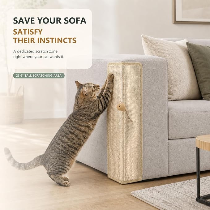 Couch Corner Cat Scratcher 23.6'' Sisal Cat Scratching Post for Sofa | Under Furniture Replaceable Sisal Scratch Pad with Heavy Duty Iron Base Sisal Scratching Mat Toy Ball Furniture Protector - Image 2