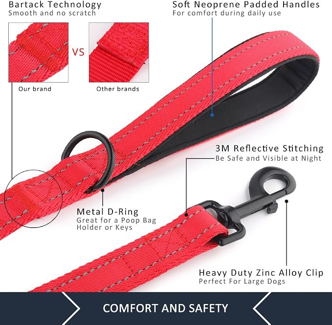 Plutus Pet Double Handle Dog Leash, 5 FT Long, for Medium Large Dogs | Reflective Nylon, Soft Padded 2 Handles, Heavy Duty for Training, Dual Handle Lead, 5 FT x 1”, Red - Image 4