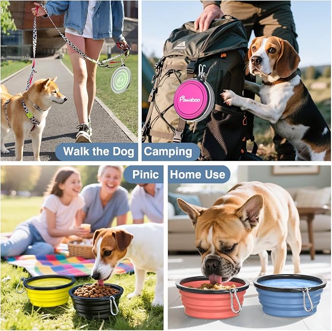 Pawaboo Collapsible Travel Dog Bowls 2 Pack with Lids&Carabiners Silicone | Feeding Watering Bowls for Dogs Cats, Collapsable Water Feeder Food Bowl for Walking Traveling Home Use, Blue + Grey - Image 8