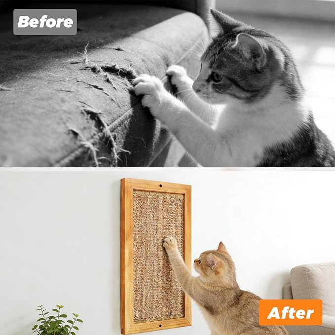 Cat Scratching Post, Natural Wooden Sisal Cat Scratch Pad, Floor or Wall Mounted Vertical Cat Scratcher Mat for Indoor Cats Adults or Kittens, Scratching Board Cat Wall Furniture Protector - Image 7