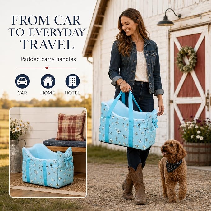 Console Dog Car Seat Up to 11lbs (Blue Daisy) | Portable Dogs Armrest Booster Seat for Small Dog, Anti-Collapse Pet Car Seat with Soft Cushion Safety Belt - Image 3