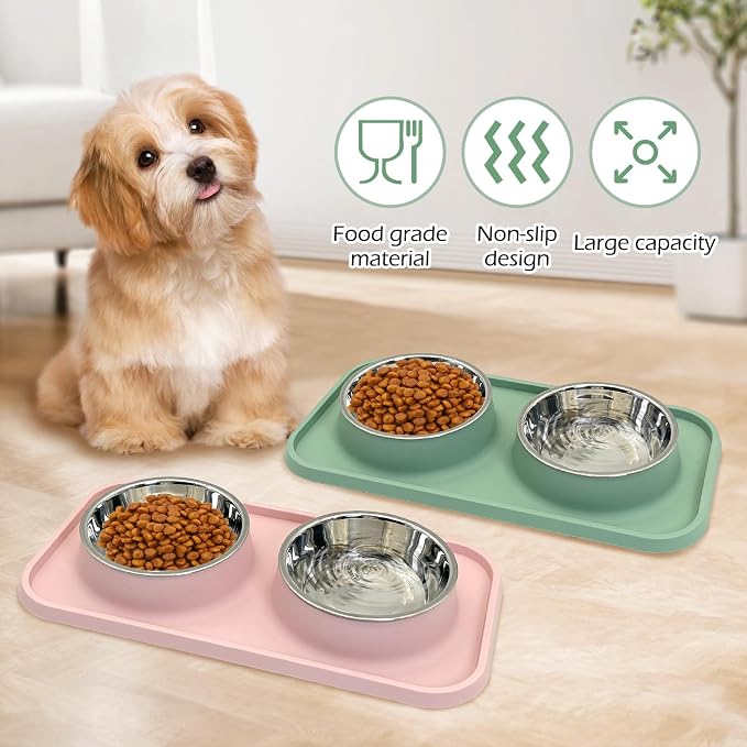 BNOSDM 2 Pcs Double Dog Food Bowls, Stainless Steel Small Dog Food and Water Bowls with Non-Spill Plastic Mat, Pet Cat Feeder Dish Set for Puppy Cats Kitten, Pink - Image 6