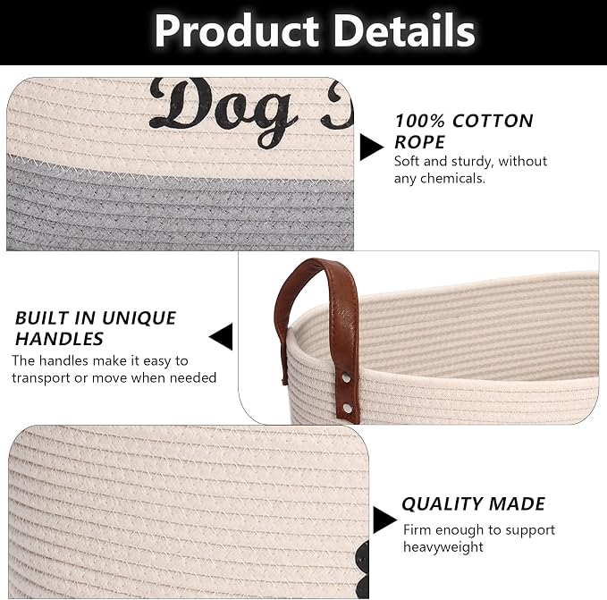 Geyecete X-Large Cotton Rope Dog Basket with Leather handle Blanket Storage Basket Decorative Clothes Hamper Basket | Extra Large Baskets for Blankets or Laundry-Beige/Gray - Image 3