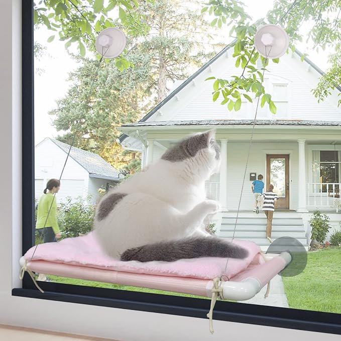 Cat Window Perch, Cat Hammock w/Fleece Blanket, Screw Suction Cups, Pink | Window Bed Holds 2 Large Cats, Sturdy Resting Seat Indoor with One Extra Suction Cup - Image 3