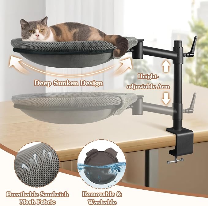 Cat Desk Bed - Sturdy Cat Bed for Desk with 360° Rotating & Adjustable Height, Elevated Cats Nest Perch for Desk, Grey - Image 3