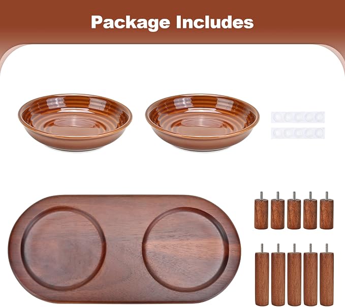 SPUNKYJUNKY Shallow Elevated Cat Bowl with Acacia Wood Stand Wide Raised Ceramic Cat Dishes Whisker Friendly Pet Food and Water Plates (Striped Pattern, Brown) - Image 7