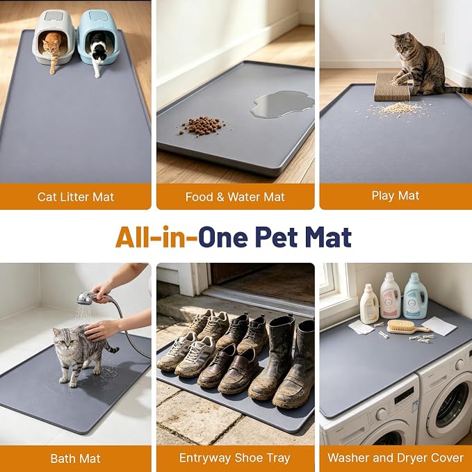 Cat Litter Mat, 51x25.6in Waterproof Silicone Litter Box Mat, Grey | XL Cat Mat Fits 1-3 Litter Boxes, Litter Trapping Mat with Raised Edges, Non-Slip Bottom, Easy Clean Kitty Litter Mat - Image 4