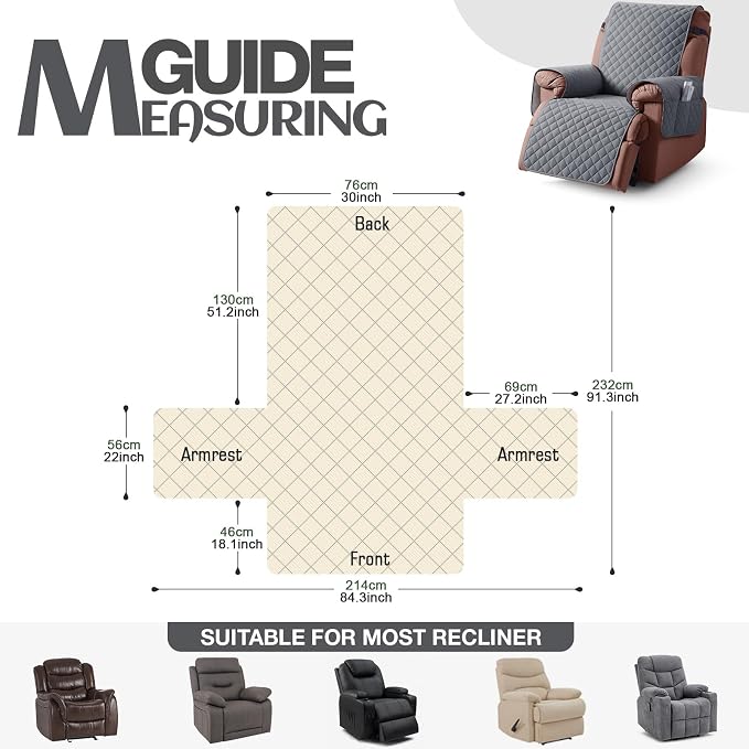 KinCam 100% Waterproof Recliner Chair Covers Washable, 30", Dark Gray | Anti Slip Reclining Couch Covers for Pets Dog, Recliner Sofa Slipcover Storage Pocket, Furniture Protector with Elastic Strap - Image 4
