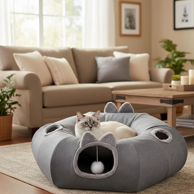 Linen Cat Tunnels with Central Cat Bed, Interactive Cat Toys Detachable Washable Soft Mat Large Indoor Play Tunnel Cave for Kittens and Small Animals - Image 7