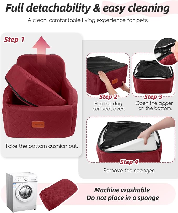 Lealchum Dog Car Seat for Small/Medium Dogs,6in Elevated Cushion,Fits in Front/Back Seat,Fully Detachable and Washable,2 Storage Pockets,Easy to Install (Red, Medium) - Image 6