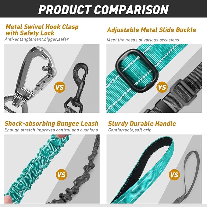 AUBELL Tactical Dog Leash Heavy Duty,4-6ft No Pull Bungee Leash,Teal | Reflective Dog Leash for Medium Large Dogs with Comfortable Padded Double Handle,Car Seat Belt,360 Degree Rotating Carabiner - Image 8