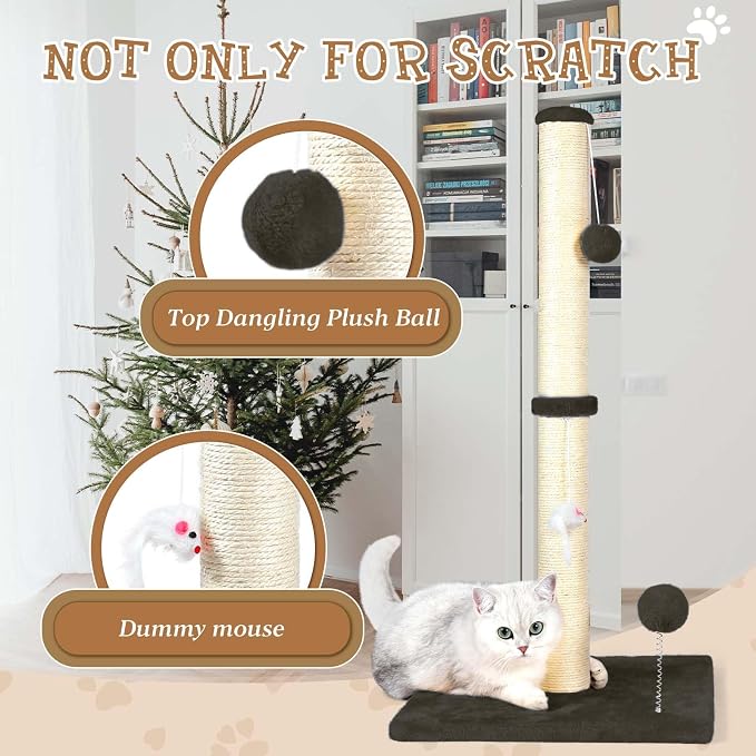 ANWA 32" Tall Sisal Cat Scratching Posts Tree for Indoor Cats Adults, Brown | Sisal Cat Scratcher, Small Space, Cat Post with Dangling Plush Toys for Indoor Cats, 15.7" Stable Base, Cat Furniture - Image 4
