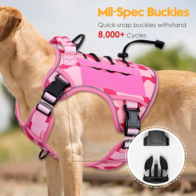 Heavy-Duty Tactical Dog Harness for Large Dogs, No Pull Adjustable Reflective Pet Vest with Molle System, K9 Military-Grade Control for Service Training, Outdoor & 10+ Breeds, Pink Camo, X-Large - Image 3