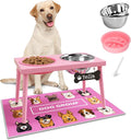 Adjustable Elevated Dog Bowl Stand with Slow Feeder, 2 x 58oz Stainless Steel Bowls, Raised Food and Water Holder for Medium and Large Dogs, Pink by ADENGL