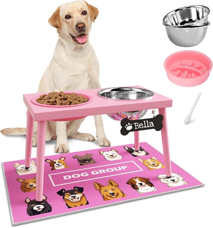 Adjustable Elevated Dog Bowl Stand with Slow Feeder, 2 x 58oz Stainless Steel Bowls, Raised Food and Water Holder for Medium and Large Dogs, Pink by ADENGL