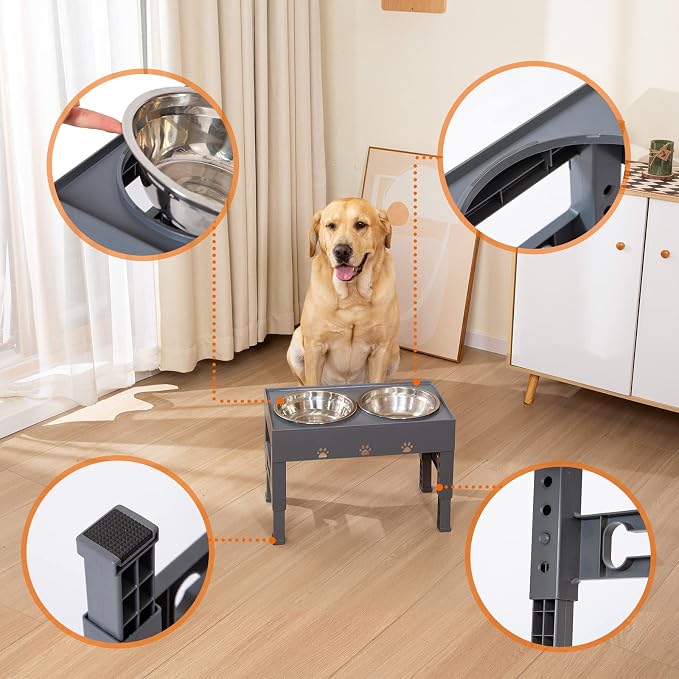 Elevated Dog Bowls with 2 Stainless Steel Bowls, 5-Height Adjustable Stand (3.1", 9" to 12"), for Improved Digestion & Neck Support, Easy Clean, Non-Slip Base Raised Feeder for Medium Large Dogs - Image 3