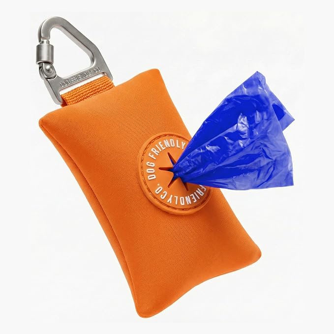 Dog Friendly Co. Poop Bag Holder for Leash, Dog Waste Bag (Hi-Vis Orange) | One Click Clip Potty Carrier Dispenser, Pet Trash Bags, Neoprene Fabric for All Weather Conditions, Stylish Walking Accessory by DogFriendly