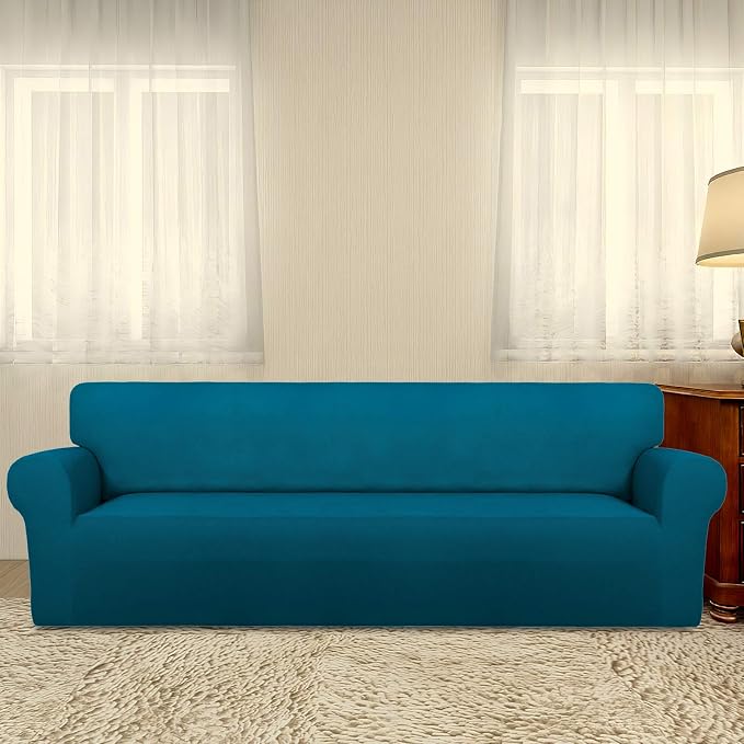 PureFit Stretch Couch Covers for Sofa 4 Seater Slipcovers Peacock Blue | 1-Piece Sofa Cover Washable Soft Couch protector, Couch Slipcover with Non Skid Foam and Elastic Bottom for Kids, Dogs - Image 2