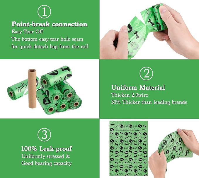 WDFAACK Biodegradable Dog Poo Bags with Holder-240 Large Poop Bags, Corn Starch Blended Compostable Poo Bag, Extra Thick Strong Leak Proof Poop Waste Bag for Dogs (Green) - Image 3