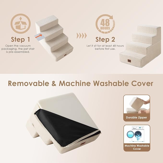 EHEYCIGA Dog Stairs for Bed 18" H, 4-Step Dog Steps for High Bed, Beige | Pet Steps for Small Dogs and Cats, Non-Slip Balanced Pet Ramp Indoor - Image 6