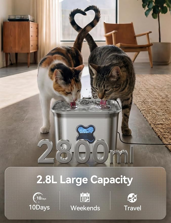 FEELNEEDY Cat Water Fountain, 304 Stainless Steel - 95oz/2.8L Faucet-Style Pet Drinking Fountain for Cats & Small Dogs, Ultra-Quiet <20dB, Dishwasher Safe, 4-Stage Filtration & Water Level Window - Image 4
