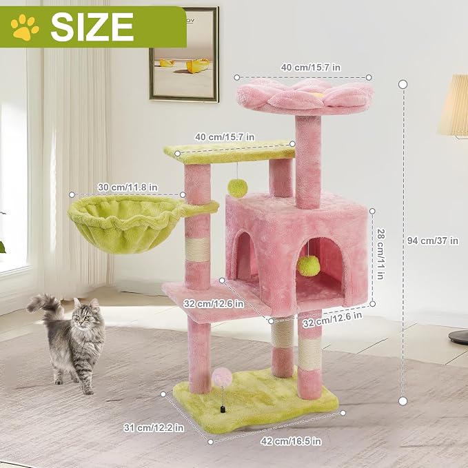 Cat Tree Tower with Hammock,40" Cat Trees for Indoor Cats Large Adult(Pink) | Modern Cat Tree Tower with Scratching Post, Cats Condo Furniture with Cloud Top Perch, Cats Climbing Tower for Kittens - Image 3