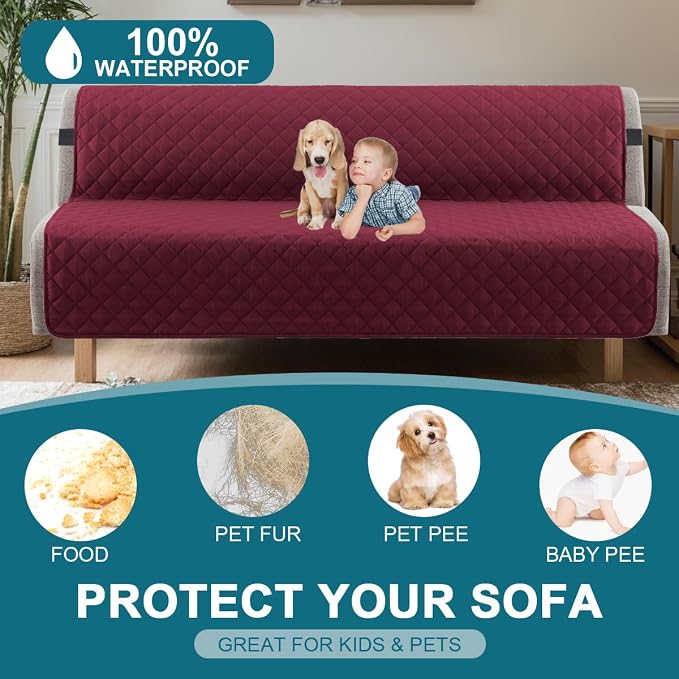 Turquoize 100% Waterproof Futon Cover Futon Slipcover Washable Armless Sofa Bed Slipcover Protector Seat Width Up to 70" with Adjustable Elastic Strap Anti-Slip for Dogs, Burgundy - Image 2