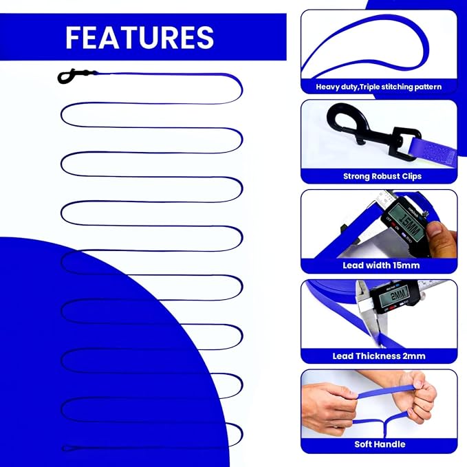 Waterproof Long Line Dog Leash, Padded Handle, 30 ft, Blue | Soft PVC-coated webbing with 360° swivel carabiner for swimming, tracking and rainy walks - Image 6
