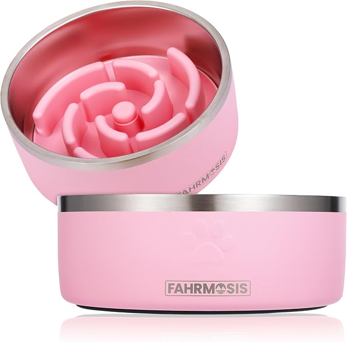 FAHRMOSIS 32 Oz Dog Bowl with Slow Feeder Insert Stainless Steel Pet Water Bowl for Medium & Large Breed Non Slip Rubber Base & Plastic Puzzle Feeder - Pink by Fahrmosis