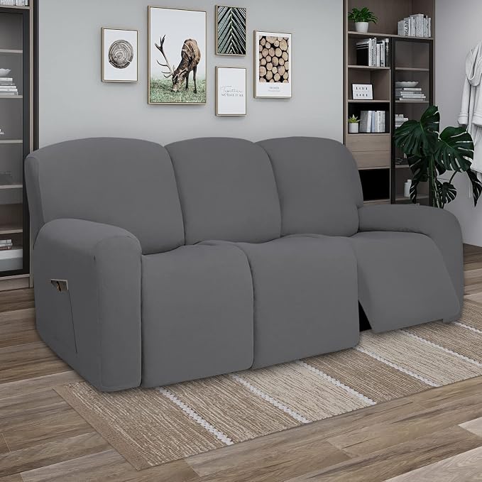 PureFit Super Stretch 3 Seats Recliner Sofa Couch Cover with Pocket | Non Slip Soft Sofa Slipcover, Washable Spandex Reclining Furniture Protector for Kids, Pets (Recliner Sofa, Gray) - Image 2